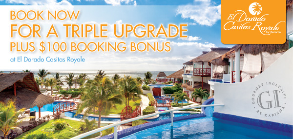 Book Now for a Triple Upgrade at El Dorado Casitas Royale plus Booking Bonus-Have you ever wanted to relax at the beautiful, romantic El Dorado Casitas Royale? Now is the time! Take advantage of the Triple Upgrade Promotion and stay in the height of luxury for a fraction of the usual price. 